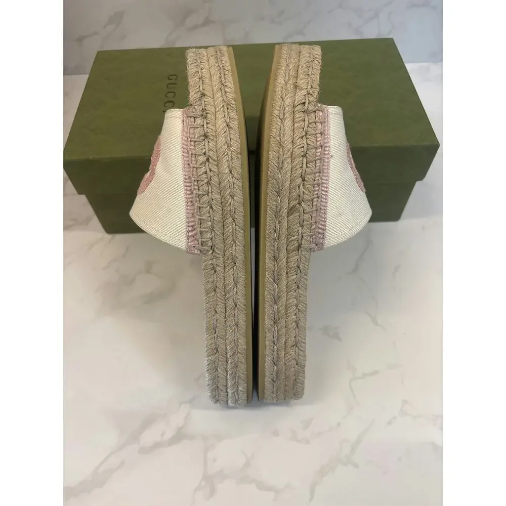Gucci Espadrille Slides in Cream with Pink Logo - Picture 3 of 5